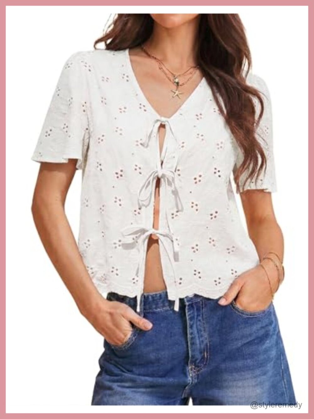 Cotton Eyelet Tie Front Boho V Neck Short Sleeve Cover Up Top